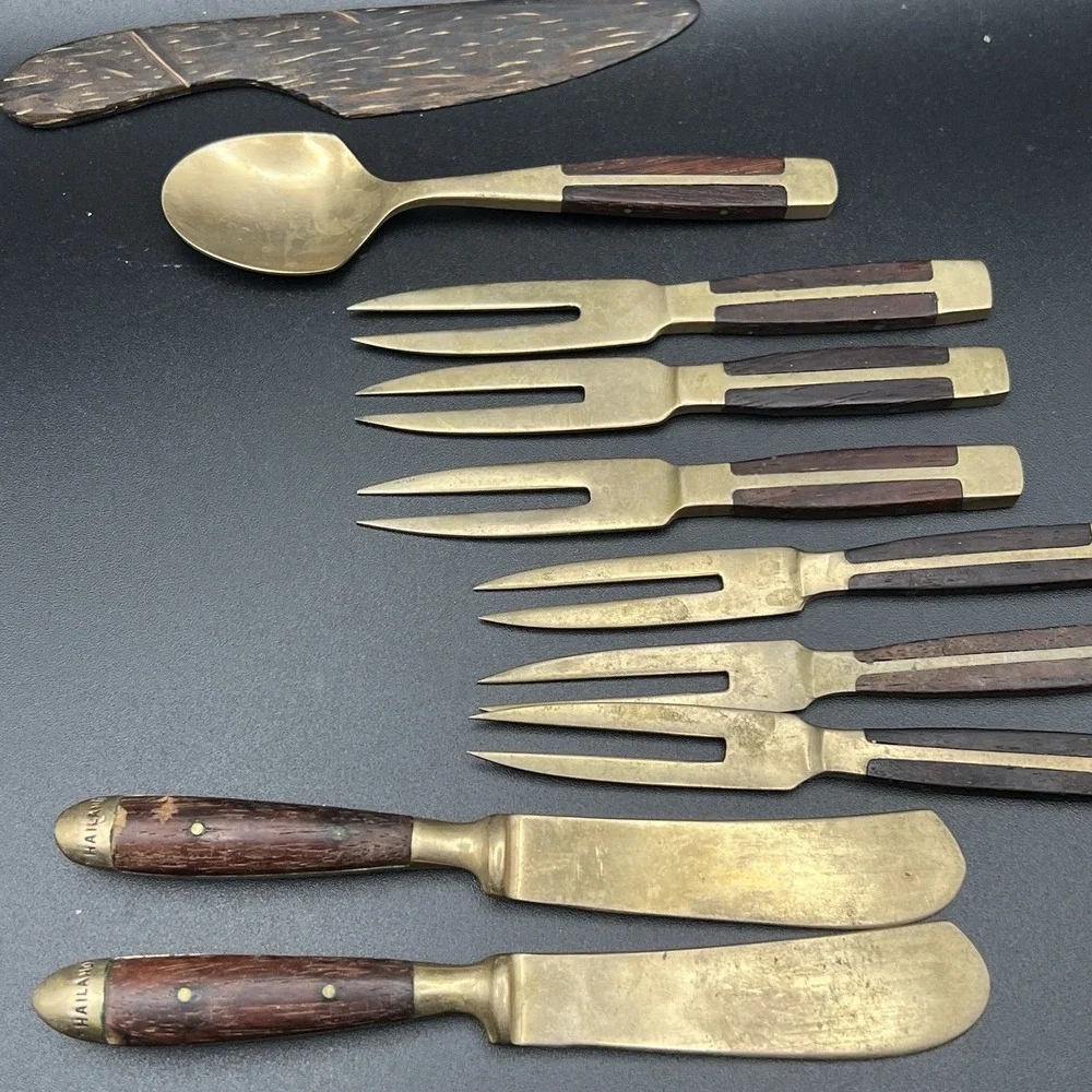 VTG Brass & Wood Demitasse Forks Knives & Spoon -‎ Lot of 10 - Thailand - Unique